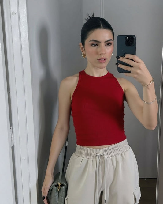 Red Ribbed Rip Top